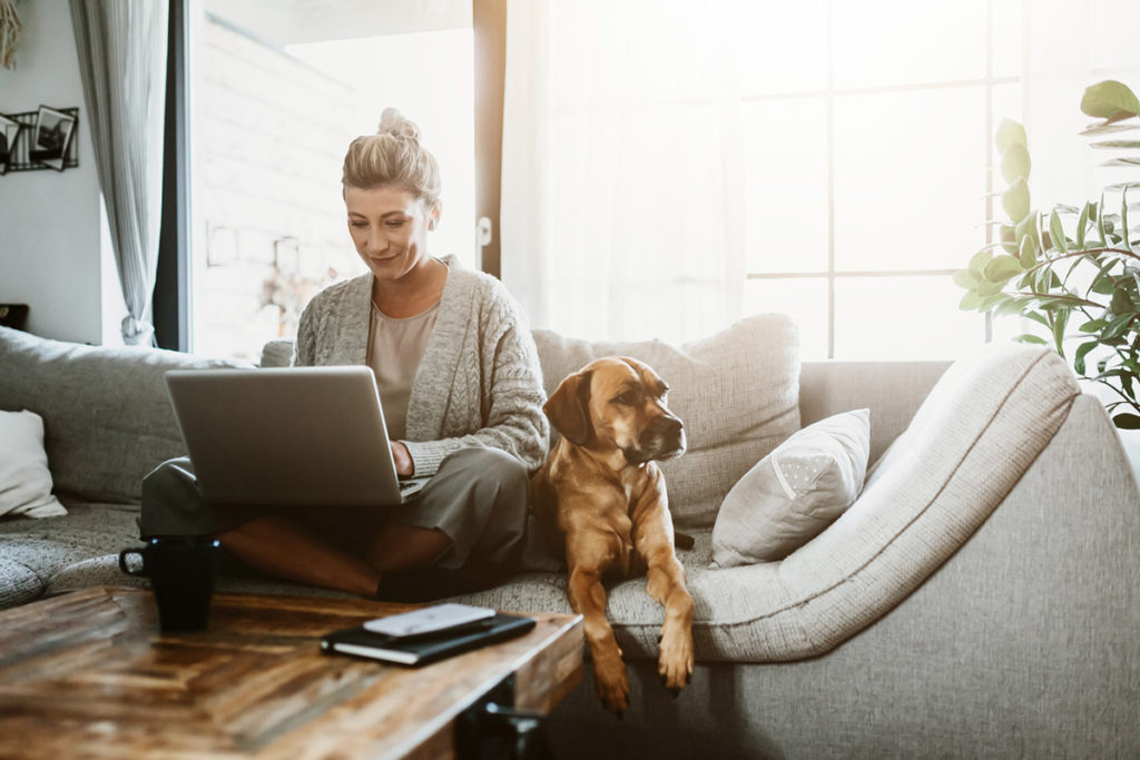 Woman sat working from a laptop on a sofa with her dog sat closely next to her | shark vacuum spring cleaning tips for homes with pets